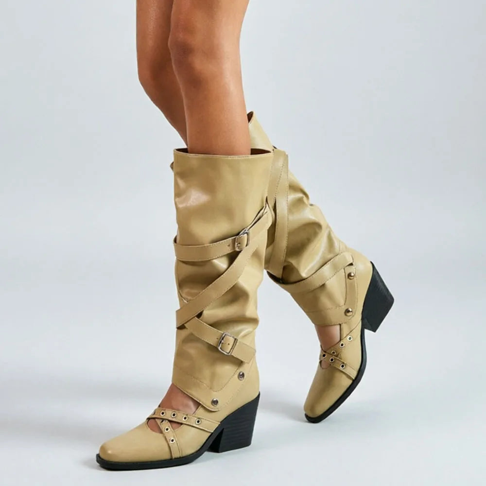 Vintage Y2k Slouchy Knee High Western Boots Women Chunky Block Heel Summer Cowboy Knee High Boots Motorcycle Boots Shoes
