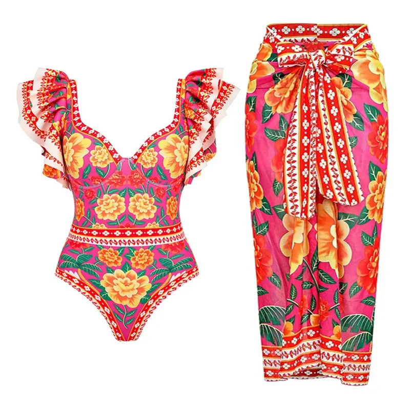2 Pieces Retro Printed Swimsuit With Cover Up Sexy Women Swimwear 2025 V Neck Bikinis Female Biquini 3XL Bodysuit Beachwear