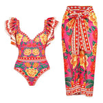 2 Pieces Retro Printed Swimsuit With Cover Up Sexy Women Swimwear 2025 V Neck Bikinis Female Biquini 3XL Bodysuit Beachwear
