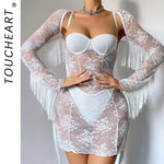 Toucheart Erotic Dress Elegant Palace-style Fringed Cardigan Spliced with See-through Intimate Lace Purelust Hip-hugging Dress