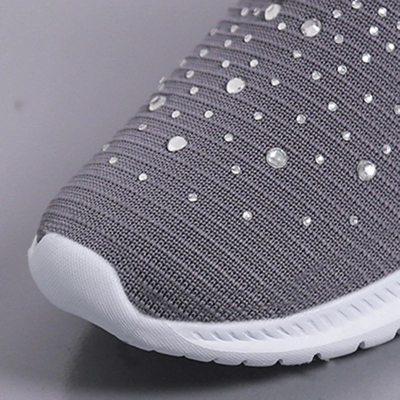 Women's Slip-On Crystal Sneakers 2025 Breathable Mesh Plus Size 35-43 Casual Flats Women Comfort Soft Sole Running Walking Shoes