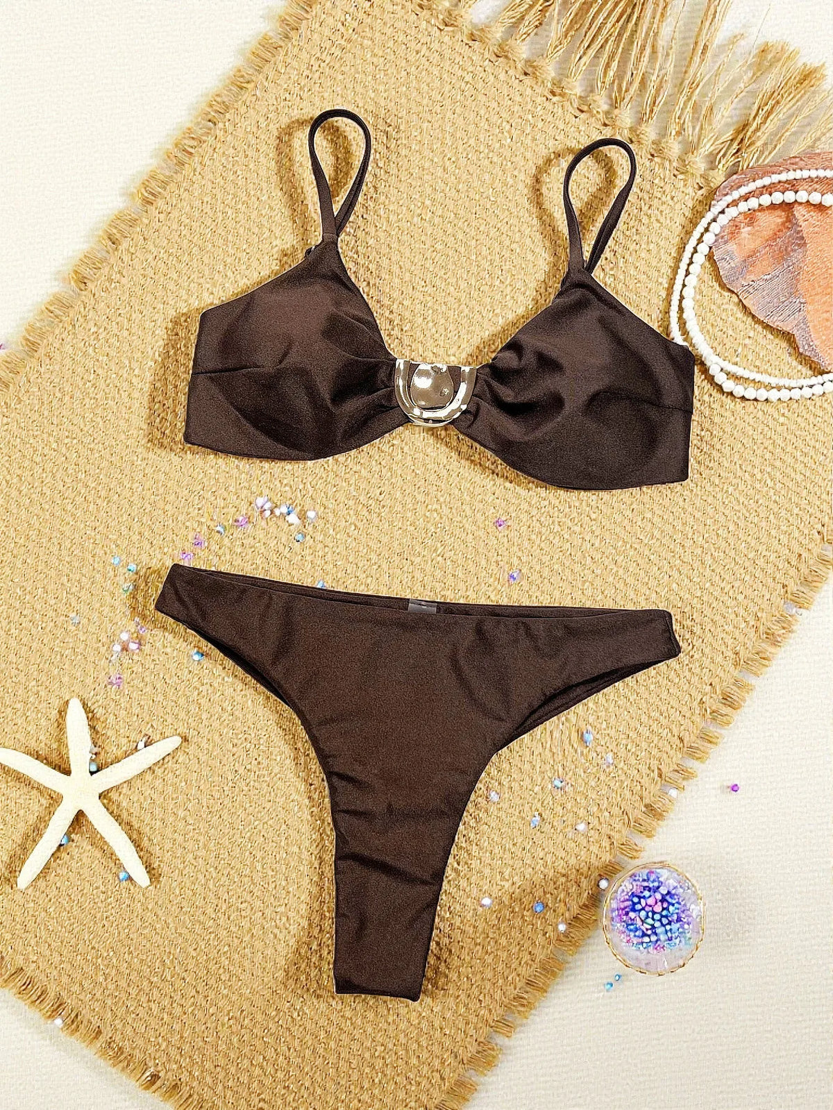 New Metal Buckle Micro Bikini Set 2026 Women Coffee Push Up Bra Bandage High Waist Swimsuit Beach Bathing Suit Swimwear Biquini
