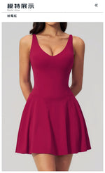 Bodycon Tennis Dress with Shorts Pocket Women Speed Dry Sleeveless V Neck One Piece Sport Outfit Short Dress Fitness Yoga Set