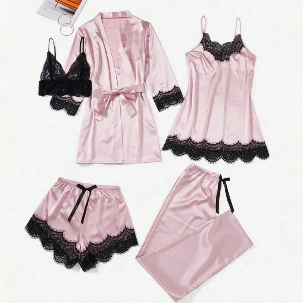 5 Pieces Women's Satin Sleepwear Pajama Set Robe Sexy Lingerie Bathrobe Lace Silk Night Dress Trousers Home Clothed Nightwear PJ