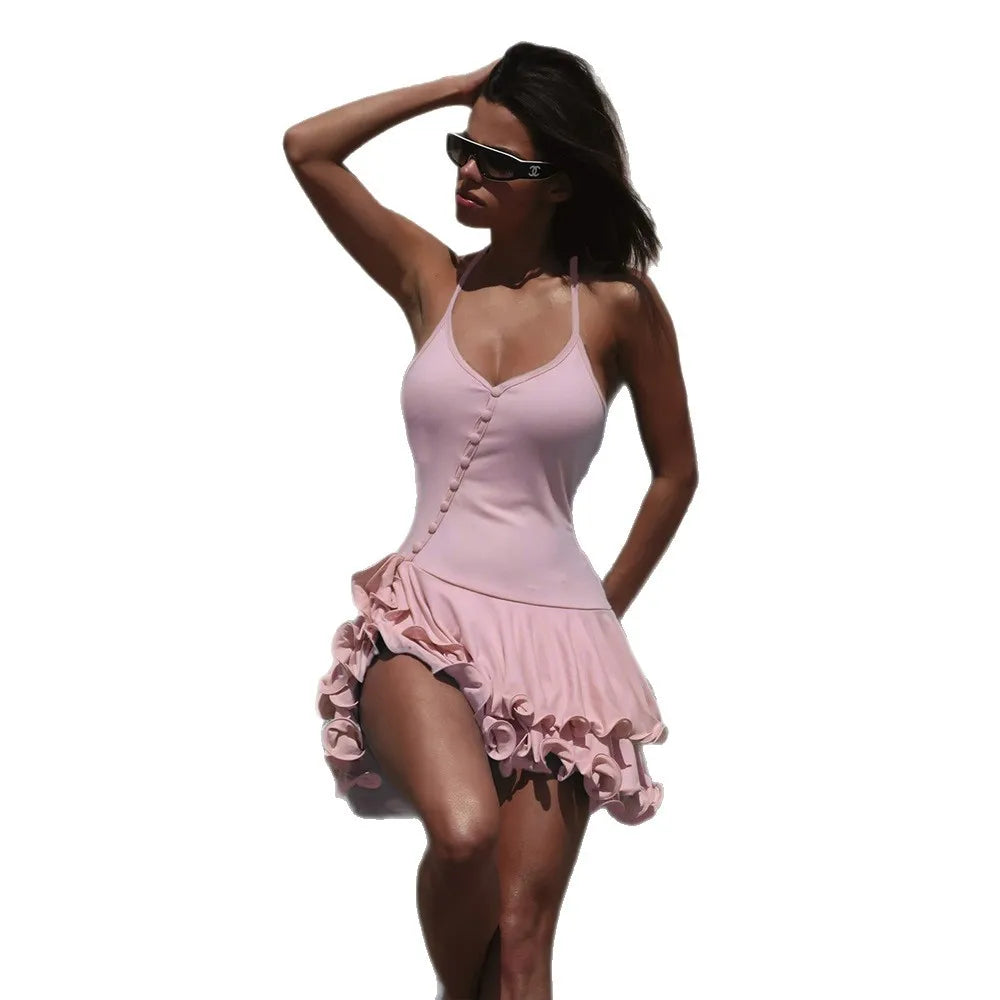 Hot Girl Slim Halter Neck Mini Dress Solid Color V-neck Single-breasted Layered Ruffles Bodycon Short Dresses Fashion Female New