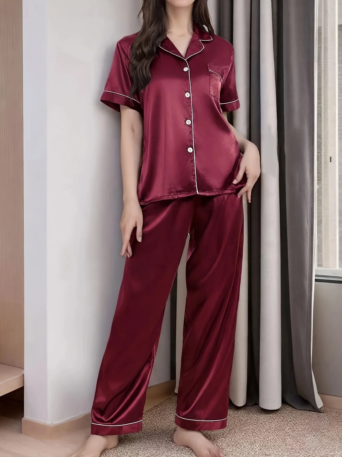 Women's Satin Silk Pajamas Set Short Sleeve Top and Long Pants Comfortable Casual Home Wear Spring Autumn Sleepwear
