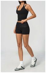 Quick Drying Polka Dot Patchwork Yoga Sets Women Hanging Neck Slim Shockproof Sports Tank Top Gym High Waist Shorts Fitnss Suit
