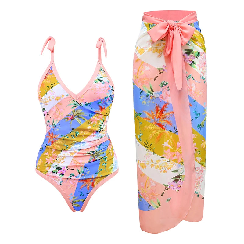 2024 Sexy Sling Ruffle Solid Two Pieces Bikini Women High Waist 3D Flower Swimsuit Skirt Summer Backless Beachwear Bathing Suit