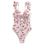 S - XL Cherry Printed Plaid Cut Out One Piece Swimsuit Women Swimwear Female Frilled High Leg Cut Bather Bathing Suit Swim V7557