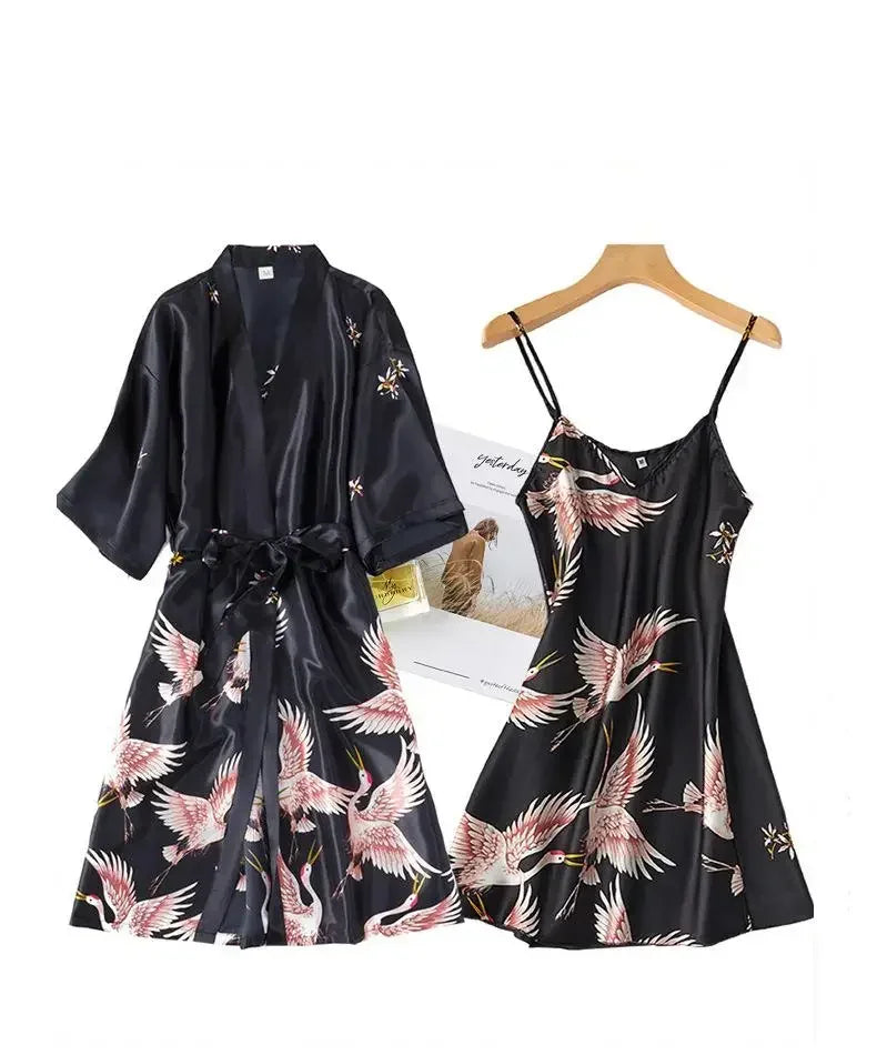Burgundy Women Faux Silk Kimono Robe Gown Sets Sexy Print Crane Nightdress &Bathrobe Lingerie Nightgown Summer Sleepwear