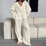 New 100% Cotton Printed Cardigan Pajama Set Women's New Autumn Long Sleeved Pants Pajamas Loose Home Clothing 2-piece Set 2026