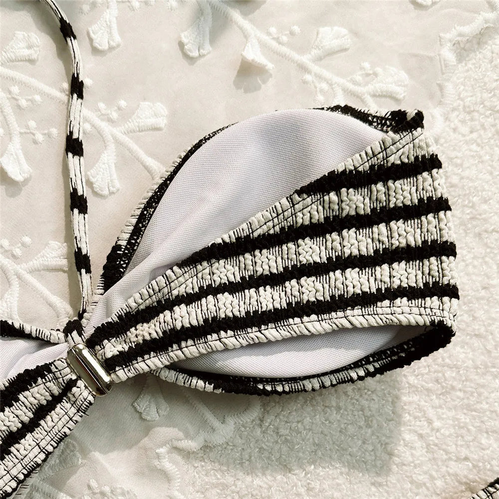 Striped Print String Halter Bandeau Bikinis Sets 2026 Sexy Swimsuit Women Ruched Swimwear Bathing Suit Brazilian Bikini Mujer