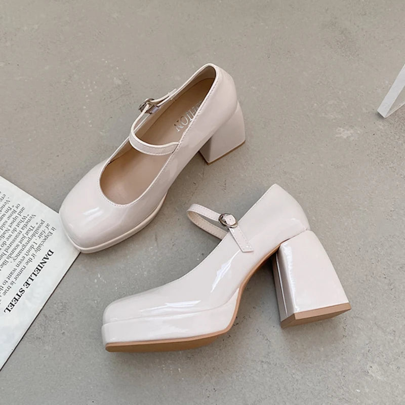 Patent Leather High Heel Mary Jane Shoes Women Elelgant Buckle Strap Platform Pumps Woman Chunky Heels Punk Lolita Shoes Female