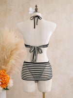 Sexy Black Stripe Knitted One Piece Swimwear Skirts Sets 2026 Women Metal Circle Hollow Out Backless Bathing Suit Thong Swimsuit