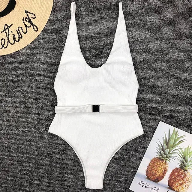 V Neck Ribbed High Leg Cut Women Swimwear One Piece Swimsuit Female Backless Monokini Bather Waist Belt Bathing Suit Swimwear