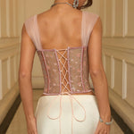 Sexy PInk Sparkling Flower Lace Corset Women's Slim Fishbone Off Shoulder Bodycon Lace-up Backless Tank Tops Front Bow Camisole