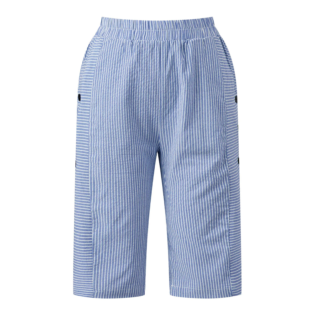 2026 Summer Women Striped Capris Casual Stylish Elastic Waist Side Button Straight-leg Pants Daily Cropped Trousers