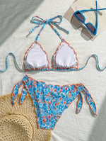 Women Cute Bikini Set 2025 New Summer Orange Floral Print Halter Ruffles Push Up Tie Side Thong Swimsuit Bathing Suit