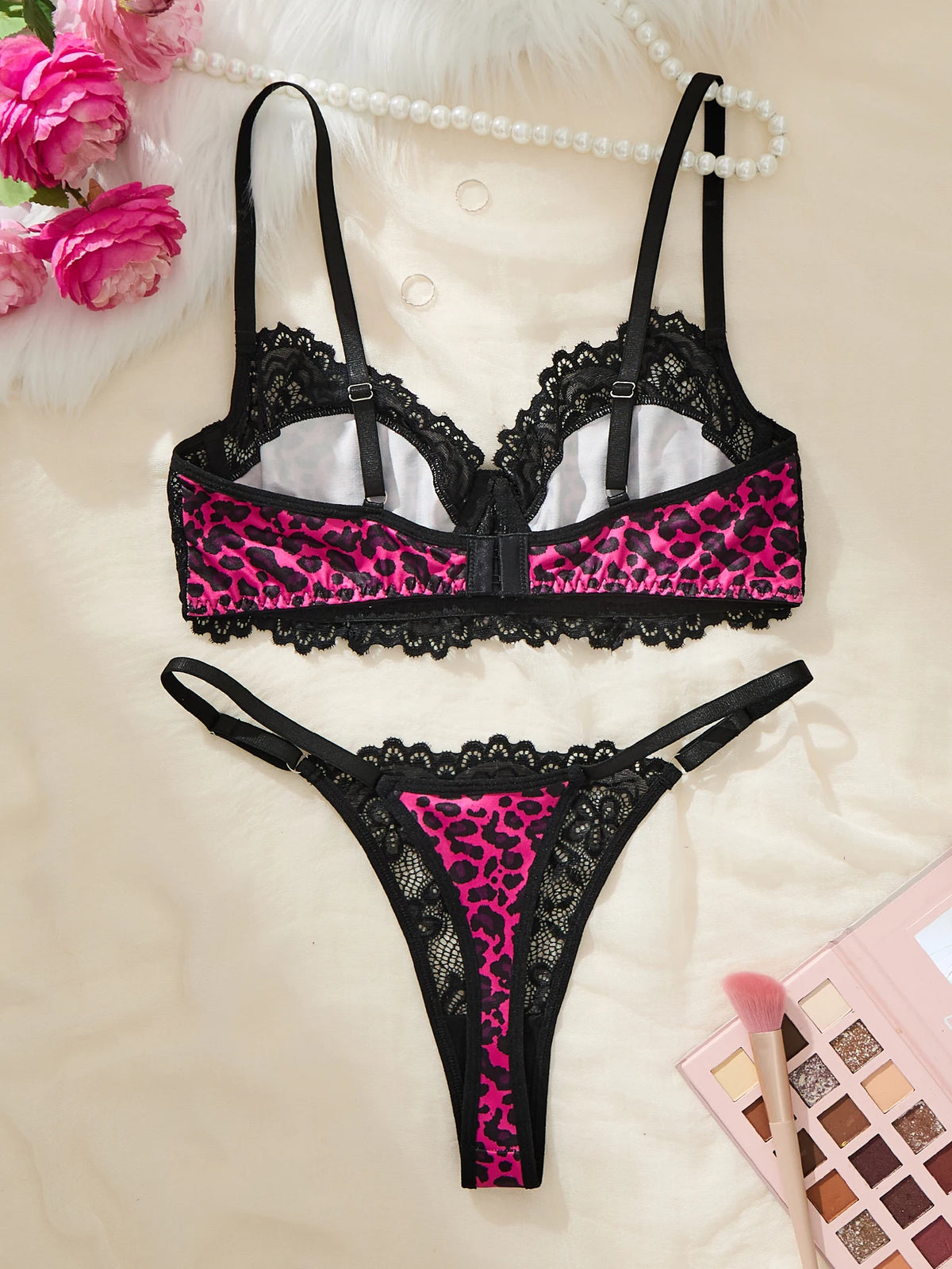 Hot girl rose pink leopard print patchwork lace lingerie set - sexy net fabric 3/4 cup shaping bra thong set ZA825182