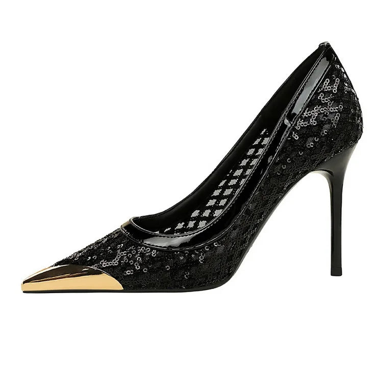 BIGTREE 2026 Fashion Metal Decoration Mesh Hollow Pointed Toe Woman Pumps Thin Heels Party Ladies Shoes Zapatillas De Mujer