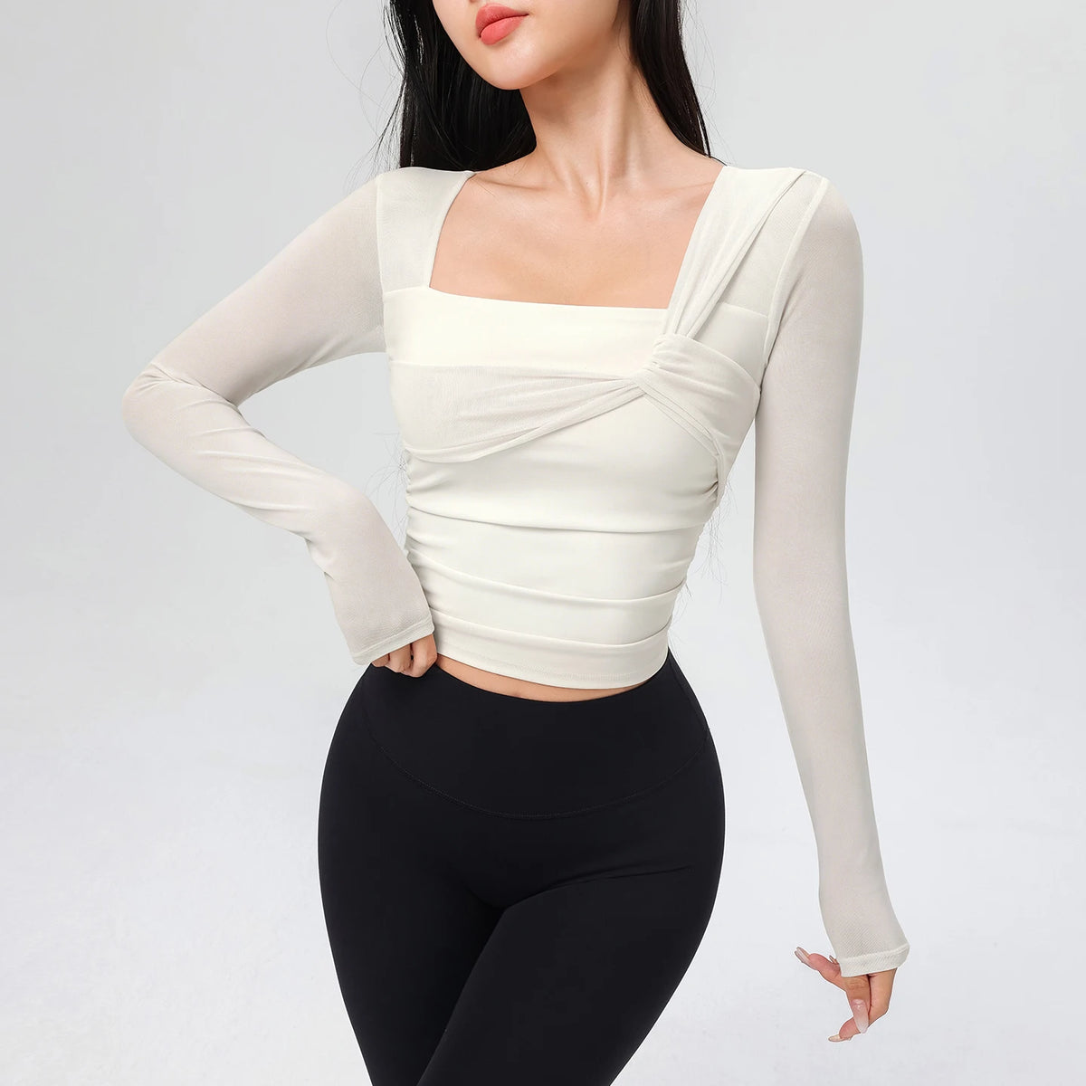 Women Square Neck Mesh Long Sleeve Crop Yoga Top Twisted Front Ruched Slim Breathable Workout Sports Shirt