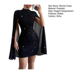Women's Cape Sleeve Dress Mock Neck Bodycon Mini Dress Sexy Shiny Chiffon Cloak Sleeve Cocktail Dress for Wedding Evening Party