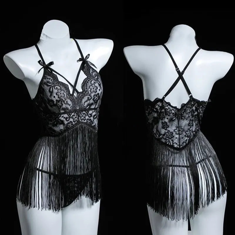 erotic bra sets lingerie Tassel mesh perspective hollow out lace sexy design sexy hot underwear women crotchless lingere set