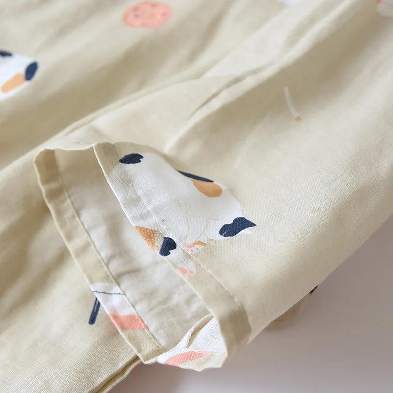 New Japanese-style Kimono Two-piece Couple Pajamas Cover Men and Women Pure Cotton Gauze Cute Kitten Thin Home Service Plus Size
