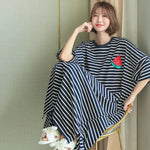 Women Summer Nightdress Short Sleeve Loose Breathable Comfortable Sleeping Polyester Stripes Print Night Robe Women Clothing