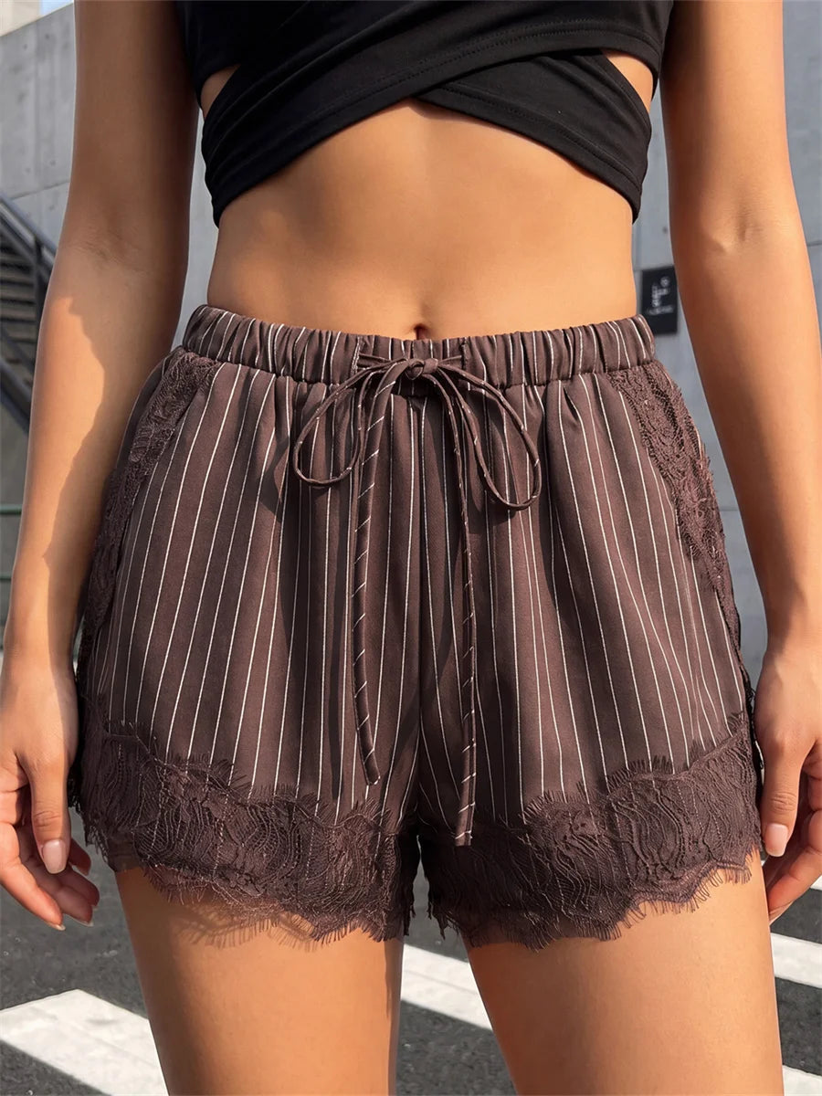 Women's Summer Shorts Elastic Waist Striped Lace Hem Loose Shorts with Pockets Fashion Daily Out Going Lounge Short Pants