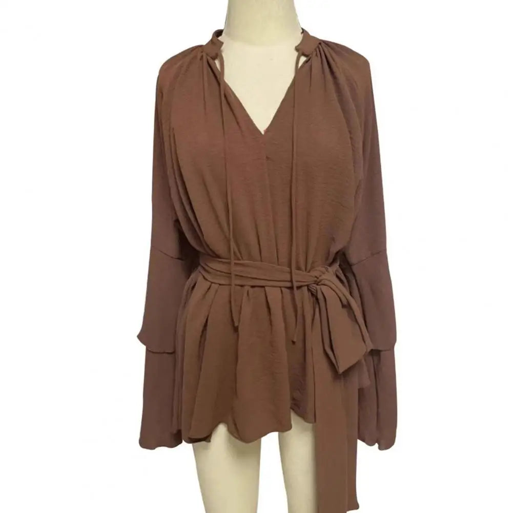 Mini Dress with Belt Summer Ruffle Long Sleeve Dress for Women Casual V Neck A-line Swing Dresses Irregular Vacation Dress