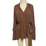 Mini Dress with Belt Summer Ruffle Long Sleeve Dress for Women Casual V Neck A-line Swing Dresses Irregular Vacation Dress