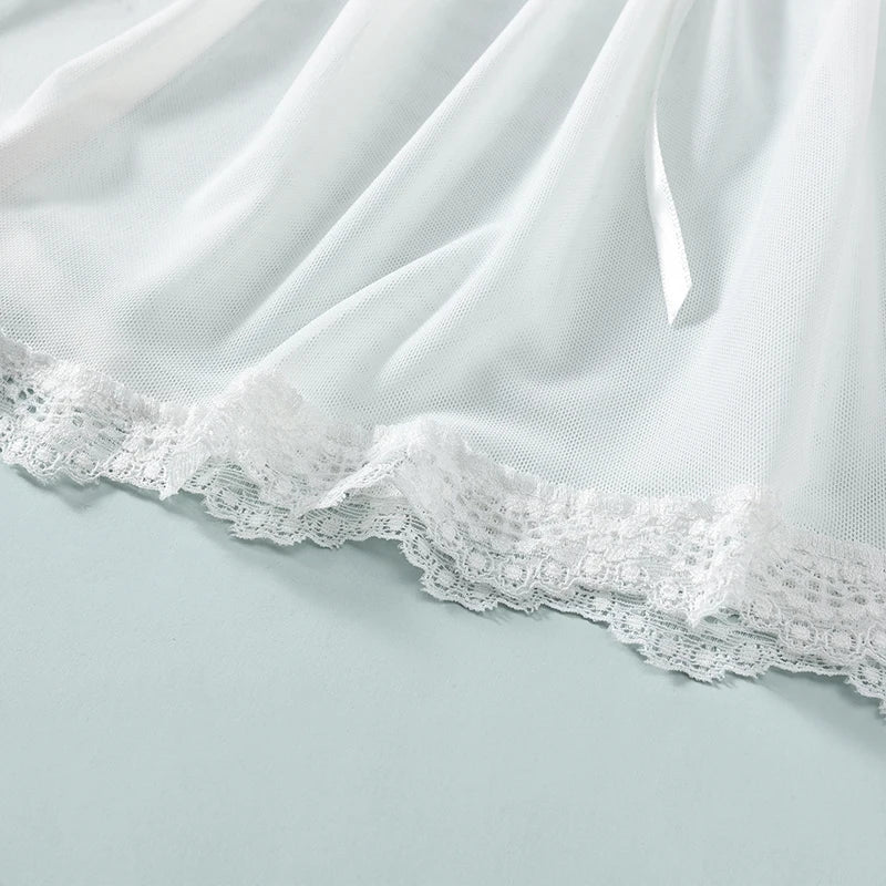 Sexy WhiteTulle Nightdress Woman Lingerie & ThongV-neck Open Sleep Skirt Erotic Pajamas Garter Dress Set See Through Nightwear