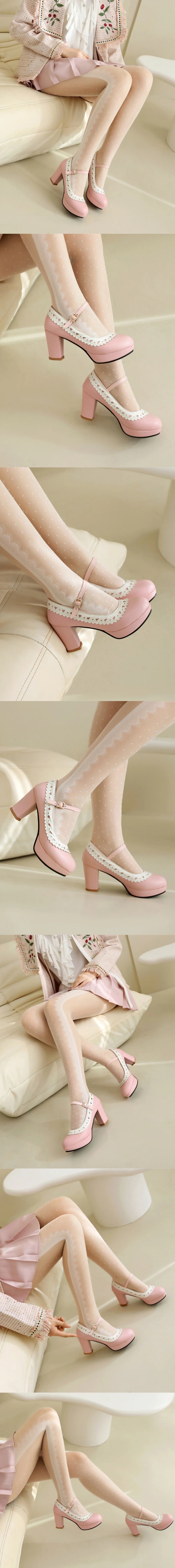 Plus Size 45 Sweet Mary Janes Shoes Women Cute Blue Block High Heels Lolita Pumps Lovely Pink Heart Edge Platform High-heeled