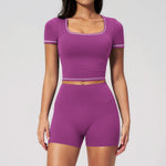 Speed Drying Tight Yoga Sets Women Color Contrast Short Sleeve Slim Sports Top High Waist Leggings Running Fitness Athletic Wear