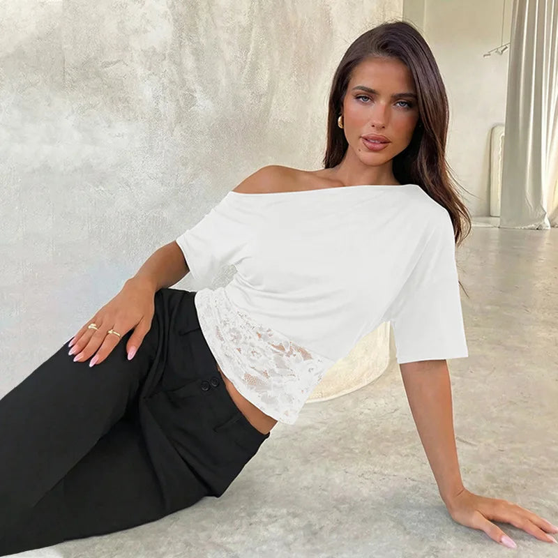 FDYOUI Sexy Chic Diagonal Collar Lace Patchwork T-shirts 2026 Women Short Sleeve Irregular Cropped T Shirt Lady Tunics Tops Tees