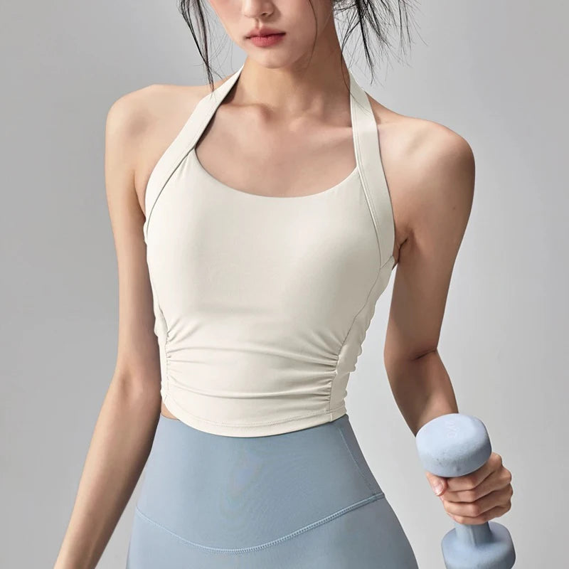 Women's Shock-Absorbing Yoga Sports Bra Neck Hanging Pleated Design Fitness Training Pilates Outdoor Vest Gathered Comfortable