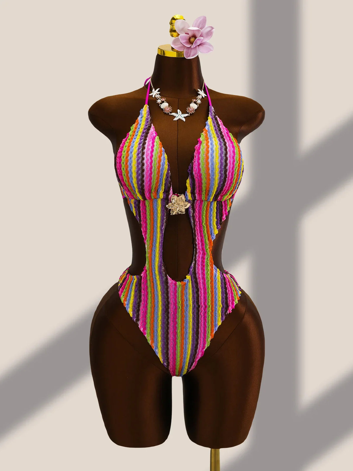 Vintage Black Striped One Piece Swimwear Women 2026 3D Metal Flower Hollow Out Backless Beach Holiday Bathing Suit Swimsuit