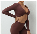 Long Sleeve Gym Crop Tops for Women Twist Deep V Workout Quick Dry Padded Sports Fitness Yoga T-Shirt