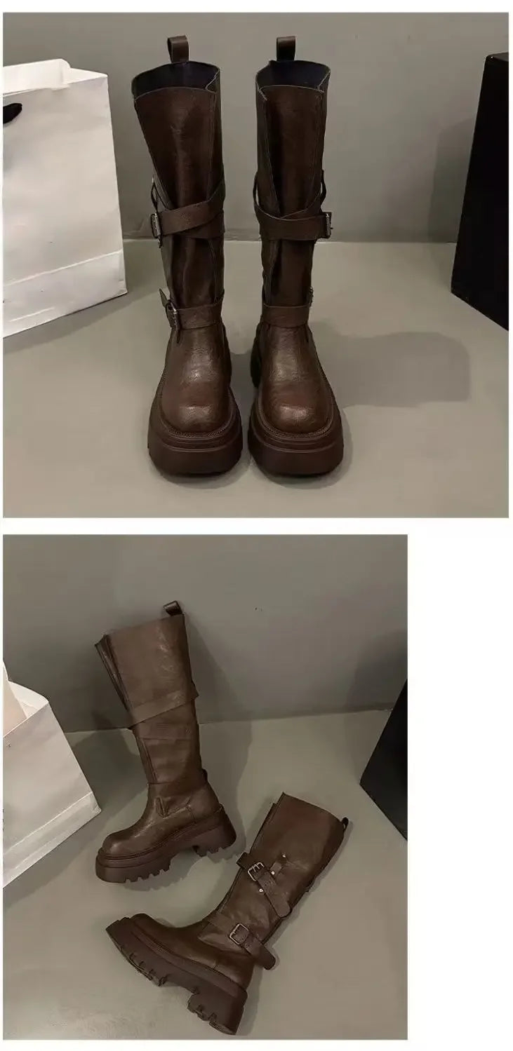 2026 New Vintage Thick Bottom Woman Knee High Boots Fashion Belt Buckle Zippers Shoes Female Knight Long Booties Shoes