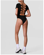 Summer Women's Cross Hollow Back Yoga Jumpsuit Short Sleeved Slimming Sports Overalls High Stretch Push Up Fitness Bodysuit