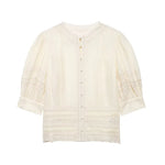 Women's Fashion Lace Romantic Style Shirt Women White Lace Trim Puff Sleeve Neck Button Front Casual Shirt For Daily Wear RJWE