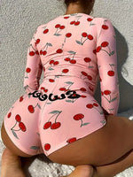 Casual Cherry Print V-neck Front Button Onesies Women's Bodysuit Pajamas Sexy Long Sleeve Slim Fit Jumpsuit Sleepwear