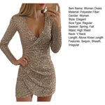 Spring Summer Women Dress Sequin Deep V Neck Slim Long Sleeves Slim Fit Pleated Party Club Short Dress Dating Prom Mini Dress