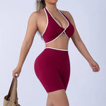 2pcs Women's Seamless Push-up Sports Vest Bra Set with High Elastic Hip Lifting Shorts for Running Aerobics Yoga