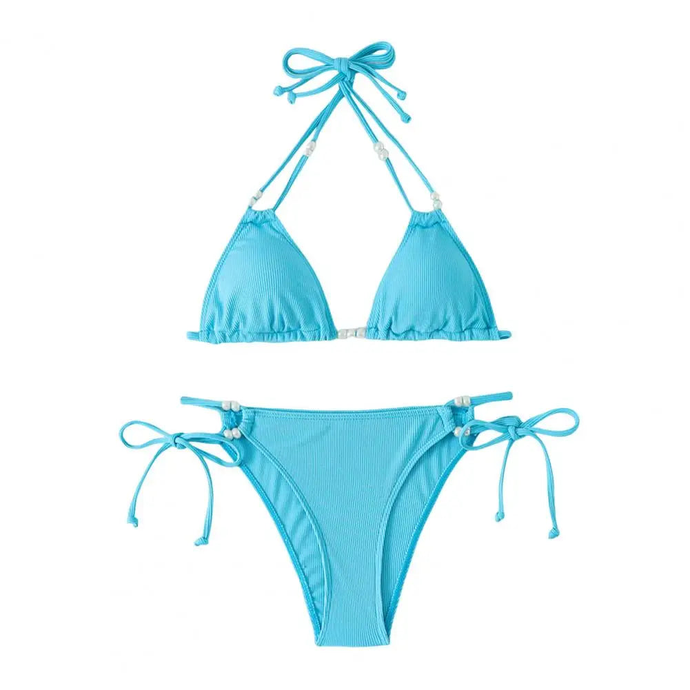 2Pcs/Set Women Bikini Set Adjustable Side Straps Halter Bra Low-rise Swimming Briefs Set Ladies Pure Imitation Pearls Swimwear