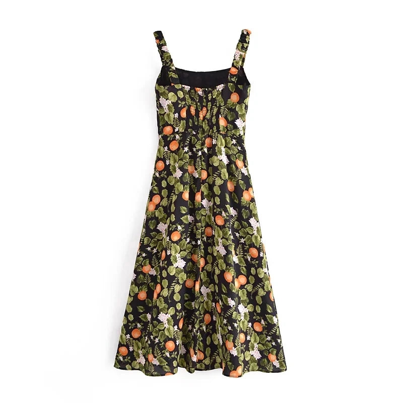 French Style Vintage Lemon Leaf Printed Green Dress Sexy Slip Midi Sleeveless Tank Dress Chiffon Women Holiday Elegant Dress