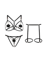 5 Colors Women Black Lace Lingerie Set Strappy Bra Panty Garter Belt Pearl Chain Rose Applique Adjustable Harness Nightwear
