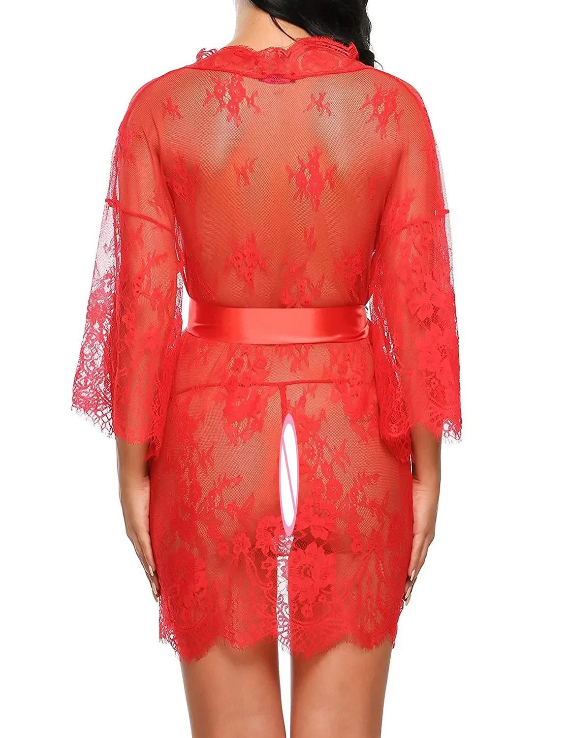 See Through Lace Babydoll Women Sexy Lingerie Erotic Transparent V-Neck Nightwear Robe G-string Robe Sleepwear Dress