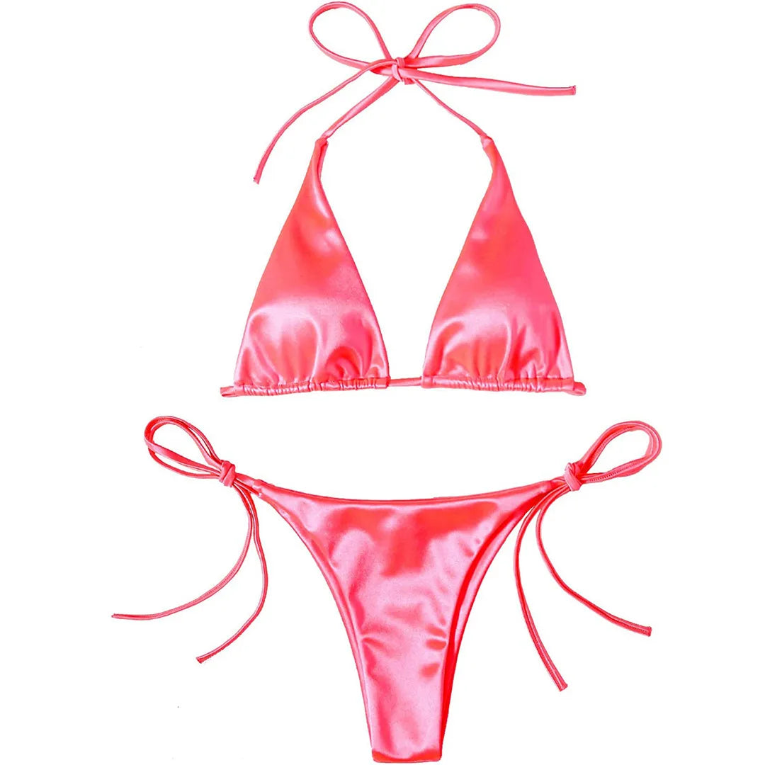Sexy Satin Halter Brazilian Padded Bikini Female Swimsuit Women Swimwear Two-Pieces Bikini Set Bather Bathing Suit Swim V4966S